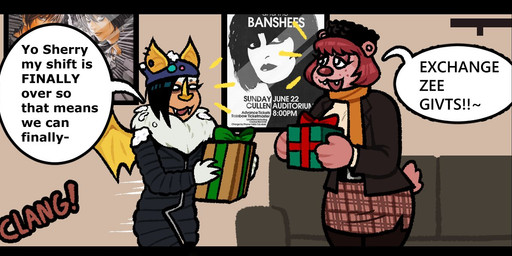 anthro black_border border box brown_body brown_fur brown_hair clothing coat container dialogue duo female fur gift gift_box group hair holidays snow text topwear white_body white_fur wings blarf022 christmas sherry_bear_(blarf022) vranda_von_bat_(blarf022) bat bear honduran_white_bat leaf-nosed_bat mammal microbat yangochiropteran 2023 comic english_text