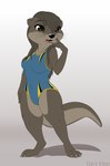 anthro black_nose breasts brown_eyes brown_hair clothing eyebrow_through_hair eyebrows eyelashes feet female hair long_hair medium_breasts one-piece_swimsuit open_mouth solo standing swimwear translucent translucent_hair whiskers up1ter nat_(mykegreywolf) mammal mustelid otter 2024 absurd_res flat_colors hi_res