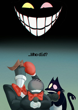 anthro bow_tie clothed clothing electronics for_a_head group male microphone text cellbothq deltarune undertale_(series) cat_mike_(deltarune) cowboy_hat_mike_(deltarune) friend_(deltarune) mike_(deltarune) small_mike_(deltarune) cheshire_cat_(species) darkner domestic_cat felid feline felis humanoid mammal object_head english_text hi_res