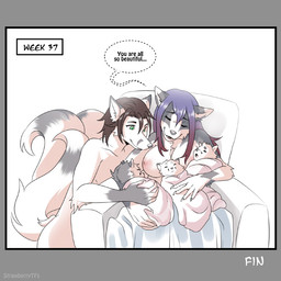 ambiguous_gender anthro areola biped black_border border breasts brown_hair chair dialogue eyes_closed female fingerless_(marking) fingerless_gloves_(marking) fur furniture gloves_(marking) green_eyes grey_border grey_markings group hair male markings multi_tail neonate nipples on_chair purple_hair red_hair simple_background sitting sitting_on_chair smile snout speech_bubble tail text white_background white_body white_fur young young_ambiguous young_anthro strawberrytfs canid canine canis domestic_dog husky mammal nordic_sled_dog spitz 1:1 2023 artist_name colored comic english_text shaded parent_(lore)