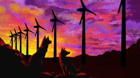 ambiguous_gender anthro day detailed_background duo feral light outside quadruped sunset wind_farm reedflower canid canine canis mammal wolf 16:9 digital_media_(artwork) digital_painting_(artwork) hi_res lighting painting_(artwork) wallpaper widescreen