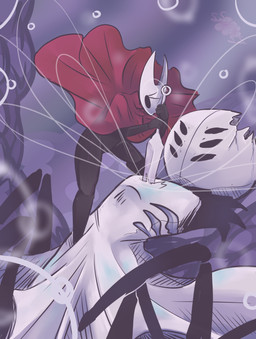 2_horns 6_eyes anthro biped black_body black_eyes cloak clothed clothing dress duo empty_eyes eyelashes female fingers holding_melee_weapon holding_object holding_weapon horn melee_weapon multi_eye multi_leg multi_limb red_cloak red_clothing stab standing thread weapon white_clothing white_dress ssleepyflowers hollow_knight:_silksong hollow_knight_(franchise) team_cherry first_sinner hornet_(hollow_knight) arachnid arthropod weaver_(hollow_knight) 2026 absurd_res hi_res