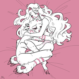 anthro breasts cuddling duo eyes_closed female female_on_anthro fur hair humanoid_on_anthro male male/female multi_eye multicolored_body multicolored_fur nipples nude pink_body pink_fur smile thick_thighs two_tone_body two_tone_fur white_body white_fur mister_nebulous hazbin_hotel hellaverse angel_dust charlie_morningstar arachnid arthropod demon demon_humanoid humanoid spider 1:1 hi_res
