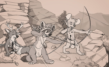 anthro antlers arrow_(weapon) blood bodily_fluids bow_(weapon) bullet child_murder clothed clothing death fight group head_tuft holding_arrow holding_bow_(weapon) holding_object holding_ranged_weapon holding_weapon horn logo male male_anthro navel nipples nonsexualized_young open_mouth outside plant ranged_weapon rock shrub standing topless trio tuft weapon wounded young young_anthro young_male pandapaco deer mammal mouse murid murine procyonid raccoon rodent artist_logo monochrome signature