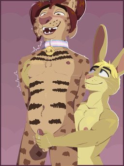 5_fingers anthro balls bell bell_collar blonde_hair blue_eyes blush bodily_fluids border breasts breath brown_body brown_eyes brown_fur collar collar_only countershade_face countershade_fur countershade_torso countershading duo erection female fingers fur genital_fluids genitals gradient_background gynomorph hair hand_on_breast hand_on_penis handjob hands_behind_back intersex intersex/female interspecies larger_gynomorph larger_intersex larger_sub leaking_precum lgbt_pride long_ears looking_down looking_down_at_genitalia looking_down_at_penis looking_up_at_partner markings motion_lines muscular muscular_female navel nipples nude nude_anthro nude_female nude_gynomorph open_mouth panting penile penis pink_background pink_nipples pink_nose precum pride_color_collar pride_colors purple_border red_hair sex shaking simple_background size_difference smaller_female spots spotted_body spotted_fur striped_body striped_ears striped_fur stripes stroking_penis submissive t4t teeth transgender_pride_colors trembling whiskers yellow_body yellow_fur conditional_dnp tangerine_(artist) andreas_kaninsen gina_di_roberti bobcat felid feline lagomorph leporid lynx mammal rabbit 2026 3:4 aliasing binary_drawing digital_drawing_(artwork) digital_media_(artwork) hi_res trans_(lore) trans_man_(lore) trans_woman_(lore)