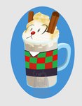 cinnamon_(spice) container cup dairy_products eggnog female food inanimate_transformation mug red_nose simple_background solo transformation whipped_cream robberdevil deltarune undertale_(series) noelle_holiday deer mammal new_world_deer reindeer hi_res