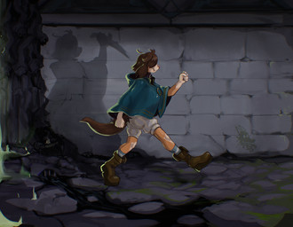 ahoge anthro blade bloomers boots bottomwear brown_hair cloak clothed clothing collar dungeon fantasy female footwear fur hair hair_over_eye multicolored_body multicolored_fur oblivious one_eye_obstructed pillar sculpture shadow shoes statue summoning tail walking newd korry_(newd) canid canine canis domestic_dog humanoid mammal shadow_creature digital_media_(artwork) hi_res