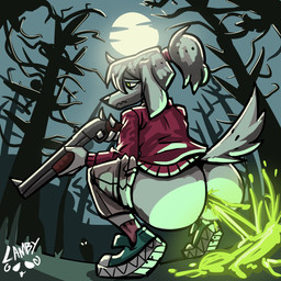 anthro being_watched bottomwear bottomwear_down clothed clothing diarrhea feces female forest forest_background green_eyes gun holding_gun holding_object holding_ranged_weapon holding_weapon looking_at_another moon pants pants_down partially_clothed plant pooping ranged_weapon shotgun solo tree unusual_feces weapon rammylamb canid canine canis mammal wolf 1:1 absurd_res hi_res