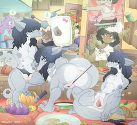 6_nipples anthro anus appliance blush bodily_fluids body_blush bow_(feature) bread breast_milking breasts breasts_and_teats butt cheese claws clitoris clothing cookie crotch_breasts cutlery dairy_products female food fork fridge gaping gaping_vagina genitals group hat headgear headwear kitchen kitchen_appliance kitchen_utensils lactating looking_at_viewer mature_anthro mature_female messy milk multi_breast multi_nipple nipples non-mammal_breasts nude overweight panties paws presenting presenting_hindquarters presenting_vulva pushing pussy_floss sitting slightly_chubby standing teats tongue tools underwear vulva vulva_blush albinoart aquatic cephalopod coleoid decapodiform kobold mollusk scalie