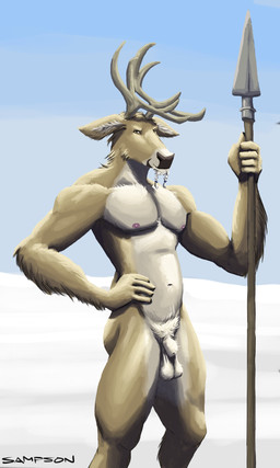 5_fingers animal_genitalia anthro antlers balls brown_body brown_fur fingers fur genitals horn humanoid_hands male melee_weapon navel nipples nude nude_anthro nude_male polearm sheath smile solo spear weapon sampsonwoof deer mammal hi_res