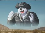 anthro chest_tuft clothing cowboy cowboy_hat cowboy_outfit eyes_closed fangs fur hat headgear headwear humor male open_mouth screaming solo teeth tongue tuft yelling tigerlukke big_enough lifewonders screaming_cowboy tokyo_afterschool_summoners horkeu_kamui_(tas) canid canine canis mammal wolf low_res meme