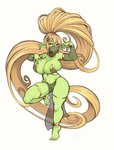 allanel belly_dancer big_breasts big_ears breasts female genitals goblin gold_accessory green_body green_skin hair hi_res humanoid long_hair not_furry pussy solo