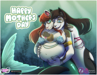 anthro big_breasts border breasts clothed clothed/nude clothing female female/female holidays hug huge_breasts nude partially_clothed pregnant split_form white_border xpuppykittyzx mother's_day aquatic merfolk 2025 hi_res