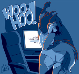 anthro butt chair clothing computer electronics excited female fist_pump furniture panties rear_view solo underwear animatedjames macy canid canine fox mammal