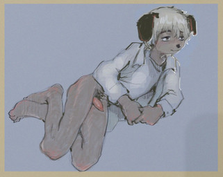 adolescent animal_genitalia animal_penis anthro bottomless canine_genitalia canine_penis clothed clothing collared_shirt erection genitals hair hands_together looking_aside lying male male_anthro on_side penis pubes shirt short_hair simple_background solo topwear topwear_only young young_anthro young_male shinni canid canine canis domestic_dog mammal 2025