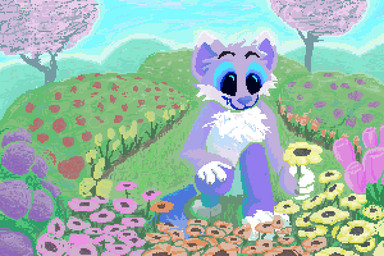 ambiguous_gender anthro cherry_blossom detailed_background flower fur holding_flower holding_object plant prunus_(flower) purple_body purple_fur smile solo tree white_body white_fur demensa canid canine mammal 2020 3:2 colorful_theme digital_media_(artwork) pixel_(artwork)