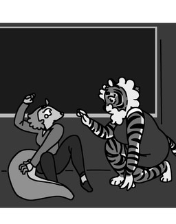 anthro bodily_fluids bottomwear cheek_tuft claw_fingers clothing defensive_pose defensive_stance dress duo facial_tuft female footwear fur grey_clothing grey_dress grey_finger_claws grey_topwear kneeling knees_up looking_at_another on_ground pseudo_hair raised_hand scale_hair scales scaly_tail shocked shoes sitting small_ears spread_legs spreading striped_body striped_fur stripes tail tears topwear tuft wall_(structure) white_inner_ear highlandkall li_(highlandkall) naomi_(highlandkall) felid mammal pangolin pantherine tiger 2025 comic digital_drawing_(artwork) digital_media_(artwork) hi_res letterbox monochrome