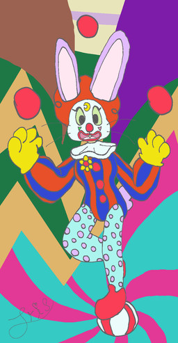 ambiguous_gender anthro balancing clown clown_costume clown_makeup clown_nose female juggling solo iris_krane lagomorph leporid mammal rabbit hi_res trans_(lore)