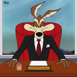 alcohol anthro bedroom_eyes beverage black_nose brown_body brown_fur business_suit businessman ceo clothed clothing container cup desk digit_ring drinking_glass engagement_ring fingers fur furniture glass glass_container glass_cup hands_on_desk jewelry looking_at_viewer male name_plate narrowed_eyes necktie seductive shirt sky smile solo suit table text topwear tuft whiskey whiskey_glass dragonboy618 acme looney_tunes warner_brothers wile_e._coyote canid canine canis coyote mammal 1:1 digital_media_(artwork) english_text hi_res