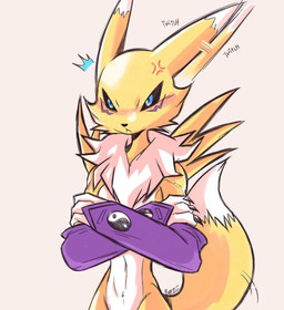 ambiguous_gender angry anthro arm_warmers_only armwear armwear_only black_nose blue_eyes bridal_gauntlets bridal_gauntlets_only chest_tuft clothing cross-popping_vein crossed_arms dipstick_ears dipstick_tail ear_markings ear_motion ear_twitch fluffy fluffy_tail fur markings mostly_nude multicolored_body multicolored_ears multicolored_fur navel solo tail tail_markings tail_motion tuft twitching two_tone_body two_tone_fur white_body white_fur yellow_body yellow_fur yin_yang beezii bandai_namco digimon hasbro canid digimon_(species) mammal renamon better_version_at_paywall