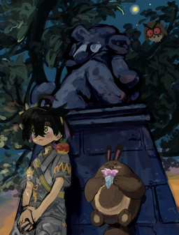ambiguous_gender beak black_hair blush brown_body claws dessert eating eyes_closed feral food group hair ice_cream male open_mouth orange_eyes plant sculpture sitting_on_shoulder size_difference statue tail tree yellow_eyes oitann nintendo pokemon kieran_(pokemon) applin avian bird elemental_creature flora_fauna generation_2_pokemon generation_8_pokemon hoothoot human mammal owl pokemon_(species) sentret 2025 hi_res