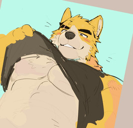 abs anthro black_clothing black_eyebrows black_nose black_shirt black_topwear blush cheek_tuft chest_tuft clothing clothing_pull exposing_chest eyebrow_scar eyebrows facial_scar facial_tuft featureless_chest fur grin happy head_tuft inner_ear_fluff looking_down male markings muscular muscular_male neck_tuft pecs scar shirt shirt_pull simple_background smile solo square_background teeth thick_eyebrows topwear topwear_pull tuft white_body white_fur white_inner_ear white_markings yellow_body yellow_fur artxtcy remember_the_flowers cooper_krager canid canine canis mammal wolf 2025 digital_media_(artwork) half-length_portrait line_art portrait unfinished