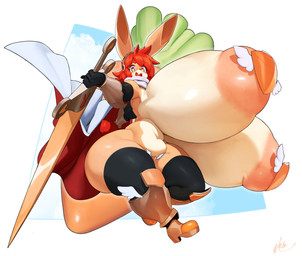 anthro areola big_areola big_breasts boots breasts cape clothing female footwear gloves handwear heart_pupils holding_melee_weapon holding_object holding_sword holding_weapon huge_areola huge_breasts huge_thighs hyper hyper_breasts legwear looking_at_viewer melee_weapon multicolored_body navel open_mouth orange_eyes pasties pink_areola puffy_areola shoes solo sword thick_thighs thigh_highs two_tone_body weapon naze clare_(themushlord) lagomorph leporid mammal rabbit absurd_res hi_res