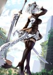 anthro big_breasts black_clothing black_dress black_nose blue_eyes boots breasts building butt clothed clothing detailed_background dipstick_tail dress eyelashes female footwear fur hair high_heeled_boots high_heels holding_melee_weapon holding_object holding_sword holding_weapon legwear low-angle_view markings melee_weapon open_back_dress open_mouth outside rear_view ruins shoes short_hair solo spots spotted_body spotted_fur stockings sword tail tail_markings thick_thighs thigh_boots thigh_highs upskirt weapon white_body white_fur white_hair white_tail an_chobi94 nier_automata platinumgames yorha_2b felid mammal pantherine snow_leopard 2025 hi_res