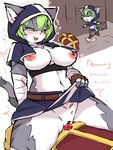 anthro areola belly big_breasts blush bodily_fluids boots breasts censor_bar clothed clothing cute_fangs dagger fangs female female_anthro footwear fur genital_fluids genitals green_eyes green_hair grey_body grey_fur hair ineffective_censorship kemono looking_pleasured masturbation melee_weapon multicolored_body multicolored_fur navel nipples open_mouth open_smile partially_clothed pussy shoes smile solo teeth text two_tone_body two_tone_fur under_boob vaginal_fluids weapon white_body white_fur takeshi_kemo domestic_cat felid feline felis mammal 2021 3:4 censored hi_res japanese_text