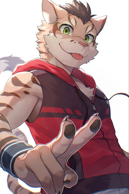 anthro clothing fur gesture gesturing_at_viewer green_eyes hair male sleeveless_clothing solo striped_body stripes tail tan_body tan_fur tongue tongue_out tuft ponzu_tas nekojishi studio_klondike shu-chi felid feline leopard_cat mammal prionailurus 2026 hi_res