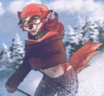 anthro breasts brown_hair clothed clothing collar countershading crop_top day detailed_background female forest grass hair midriff navel open_mouth outside plant shirt skiing smile teeth tongue topwear tree fiuefey skylar_zero canid canine canis mammal red_wolf wolf 2022 absurd_res digital_media_(artwork) hi_res