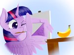 banana feathers female feral food fruit horn one_eye_closed pencil_in_mouth plant purple_body purple_feathers solo wings pitybug friendship_is_magic hasbro my_little_pony mythology twilight_sparkle_(mlp) equid equine mammal mythological_creature mythological_equine winged_unicorn hi_res