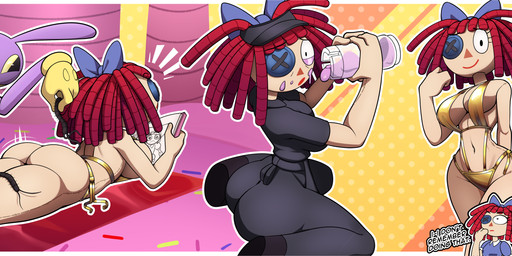abstract_background accessory anthro big_breasts big_butt bikini black_eyes bow_ribbon breasts bubble_butt butt button_(fastener) button_eyes clothed clothing curvy_figure dialogue doll duo fast_food_employee fast_food_uniform female fur gloves gold_bikini hair hair_accessory hair_bow hair_ribbon handwear hat headgear headwear hourglass_figure kneeling light-skinned_female light_body light_skin long_ears looking_at_viewer looking_back looking_back_at_viewer lying male motion_lines navel on_front purple_body purple_fur red_clothing red_hair red_swimming_trunks red_swimwear ribbons side-tie_bikini skimpy skimpy_bikini small_waist smile stitch_(sewing) string_bikini stupid_sauce sunbathing swimming_trunks swimwear teeth text thick_thighs two-piece_swimsuit visor_cap voluptuous voluptuous_female voluptuous_humanoid wide_hipped_female wide_hipped_humanoid wide_hips yellow_clothing yellow_gloves yellow_handwear yellow_sclera barryfactory glitch_productions the_amazing_digital_circus jax_(tadc) ragatha_(tadc) animate_inanimate arthropod centipede humanoid lagomorph leporid living_doll mammal myriapod rabbit 2025 absurd_res artist_name digital_drawing_(artwork) digital_media_(artwork) english_text hi_res watermark