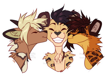 brown_hair female group hair simple_background smile trio white_background ailuranthropy african_wild_dog canid canine felid leopard mammal pantherine 2020 digital_media_(artwork)