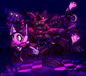 ambiguous_gender anthro bow_(feature) bow_tie checkered checkered_floor dark exposed_endoskeleton eye_patch eyewear group hook hook_hand machine male teeth tongue cassup0p five_nights_at_freddy's five_nights_at_freddy's_2 scottgames mangle_(fnaf) purple_man_(fnaf) william_afton_(fnaf) withered_foxy_(fnaf) animatronic canid canine fox mammal robot