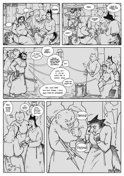 anthro beard clothed clothed_anthro clothed_female clothed_male clothing dialogue door empty_speech_bubble excited facial_hair female fully_clothed fully_clothed_anthro fully_clothed_female fully_clothed_male fur hair headgear headwear holding_melee_weapon holding_object holding_polearm holding_spear holding_weapon male medieval melee_weapon nodding polearm sitting spear speech_bubble standing tail text weapon mia_cain dietmar_von_ostermunz freiin_franzesca_ostermunzer snjeza vesna_(mia_cain) canid canine canis felid feline lynx mammal rodent wolf absurd_res comic english_text hatching_(art) hi_res monochrome shaded