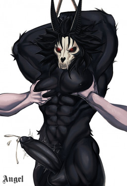 2_horns 5_fingers abs ambiguous_gender ambiguous_human anthro areola arms_bent balls black_areola black_balls black_body black_fur black_hair black_horn black_nipples black_penis bone bound ejaculation erection faceless_character faceless_human fingers foreskin fur genitals glowing glowing_eyes group hair hands_tied horn light long_hair long_horn male male_anthro male_focus mostly_offscreen_character mouth_closed muscular muscular_anthro muscular_arms muscular_male navel nipples pec_grab pecs penis red_eyes retracted_foreskin serious_face sharp_teeth simple_background skull skull_head solo_focus standing tan_body tan_skin teeth text thick_thighs throbbing throbbing_penis trio white_background angellumen deimos_(formlessrexer) canid canid_demon demon human mammal 2024 colored digital_drawing_(artwork) digital_media_(artwork) english_description english_text hi_res lighting shaded