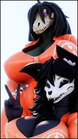 anthro big_breasts black_body black_eyeshadow black_hair black_nails black_skin black_tongue bone breasts choker claws cleavage clothed clothing colored_nails duo eyes_closed eyeshadow female gesture hair hand_gesture hand_on_hip happy huge_breasts inner_ear_fluff jewelry long_hair looking_at_viewer makeup nails necklace non-mammal_breasts orange_clothing orange_jumpsuit prison_uniform purple_eyes sharp_teeth skull skull_head teeth tongue tongue_out tuft v_sign wide_hips thenicedragon cryptiacurves_(modeler) da.nilkaz_(modeler) scp_foundation scp-1471-a scp-1471-a_(da.nilkaz) scp-682 scp-682_(da.nilkaz) canid canine malo mammal reptile scalie skulldog_(species) 3d_(artwork) 9:16 digital_media_(artwork) hi_res watermark