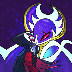 ambiguous_gender anthro anthro_on_feral bestiality blurred_background crossover_ship duo feral kissing looking_at_viewer pink_eyes red_eyes smile tongue tongue_out tohjoma hollow_knight_(franchise) nintendo pokemon team_cherry grimm_(hollow_knight) arthropod generation_7_pokemon legendary_pokemon lunala pokemon_(species) 1:1 crossover