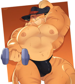 anthro barazoku bedroom_eyes biceps big_bulge big_muscles big_pecs bodily_fluids border brown_background bulge clothed clothing dumbbell exercise eyebrows feathers fur gradient_background hand_behind_head hat headgear headwear huge_muscles huge_pecs hyper hyper_muscles looking_at_viewer male manly muscular muscular_anthro muscular_male narrowed_eyes navel nipples obliques orange_background pecs seductive shadow simple_background smile smirk solo standing sweat thick_thighs thong topless topless_anthro topless_male tuft underwear weightlifting weights whiskers white_border workout kirani_art dreamworks puss_in_boots_(franchise) puss_in_boots_(dreamworks) domestic_cat felid feline felis mammal 2023 hi_res signature