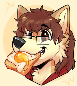 anthro bite black_nose bread brown_eyes brown_hair clothing egg eyebrows eyewear fluffy food food_in_mouth fried_egg fur glasses hair hoodie long_hair male rectangular_glasses red_clothing red_hoodie red_topwear simple_background smile smirk snout solo tan_background tan_body tan_fur toast topwear wearing_glasses rindeadsong kelta_(keltathepomeranian) canid canine canis domestic_dog mammal pomeranian shiba_inu spitz bust_portrait digital_drawing_(artwork) digital_media_(artwork) portrait shaded