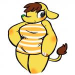 1:1 animal_crossing anthro blush bottomless breasts brown_hair clothed clothing elephant elephant_toe_hands elephantid eloise_(animal_crossing) female hair isomaru mammal nintendo proboscidean shirt short_stack simple_background solo topwear trunk white_background yellow_body yellow_skin