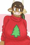 anthro big_breasts breasts brown_eyes brown_hair clothing female hair horn huge_breasts red_clothing ribbed_clothing ribbed_sweater smile solo sweater topwear slightlysimian molly_(slightlysimian) bovid bovine cattle mammal hi_res