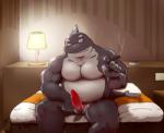 anthro barazoku bed belly biped detailed_background erection furniture genitals humanoid_hands male moobs overweight overweight_anthro overweight_male penis sitting smoking solo unagi_bukuro cetacean dolphin mammal marine oceanic_dolphin orca toothed_whale 2019