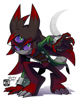 anthro black_body bottomless claws clothed clothing coat coat_tails cuffs_(clothing) female finger_claws frown green_eyes markings multi_eye purple_sclera red_markings segmented_tail solo toe_claws topwear catbeecache finimun tracy_yardley sega sonic_the_hedgehog_(series) evangeline_fate black_arms_(sonic)