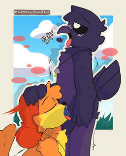 anthro blush blush_lines chest_fur cloud cloudy_sky duo electricity eyes_closed feathered_tail feathers fellatio grass hand_on_head lightning looking_pleasured male male/male nude oral orange_body outside patreon_logo penetration penile plant profanity purple_body sex sky standing tail tongue alexboom11 comet_kat mob_entertainment nightmare_critters patreon poppy_playtime smiling_critters dogday_(poppy_playtime) poe_(poppy_playtime) avian bird canid canine canis corvid corvus_(genus) critters_(poppy_playtime) domestic_dog mammal oscine passerine raven absurd_res hi_res nonbinary_(lore)