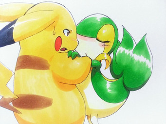 3_fingers ambiguous_gender anthro attempted_kiss blush bodily_fluids brown_eyes brown_stripes duo ear_markings eyelashes eyes_closed feral fingers fur fur_markings glistening glistening_body green_body holding_arms leaf leaf_body looking_at_another markings multicolored_body neck_collar open_mouth red_cheeks short_legs simple_background stripes surprised sweat sweatdrop tail tan_body white_background yellow_body yellow_eyelids 025aki nintendo pokemon generation_1_pokemon generation_5_pokemon pikachu pokemon_(species) snivy hi_res