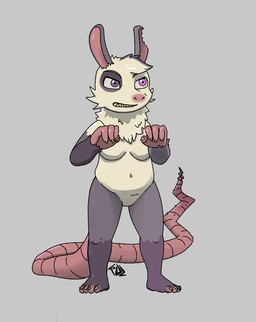 anthro bangs big_arms big_hands big_tail breasts broken_ear broken_tail claws female finger_claws fluffy front_view fur neck_tuft pink_nose plantigrade purple_eyes solo standing tail tuft white_body white_fur thedeerzone american_opossum mammal marsupial virginia_opossum