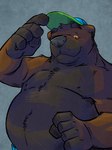 anthro belly big_belly black_body brown_body clothing hat headgear headwear humanoid_hands male moobs nipples overweight overweight_male solo k-9 barry_the_pizza_bear bear mammal 2022 hi_res