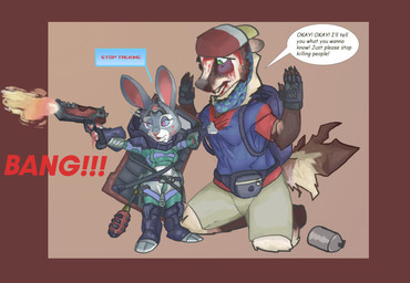 blood bodily_fluids brainwashing duo dystopia dystopian female gun male male/female mind_control police police_officer ranged_weapon science_fiction text weapon wounded smagadoodle disney zootopia judy_hopps badger european_rabbit lagomorph leporid mammal mustelid musteline oryctolagus rabbit absurd_res english_text hi_res